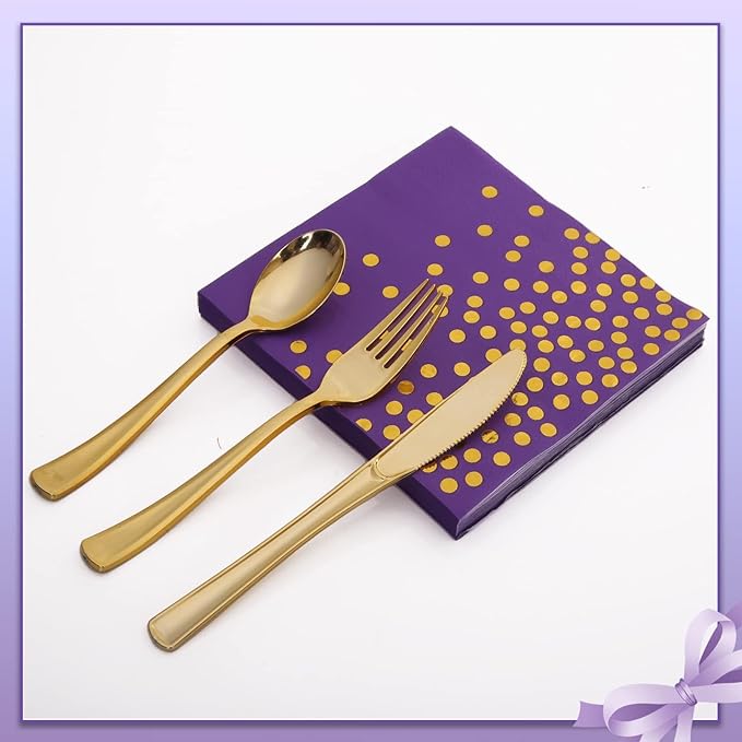 175Pcs Purple and Gold Party Decorations, Purple Plates and Cups and Napkins Sets, Gold Disposable Plates for Birthday Wedding Party Supplies, Serves 25