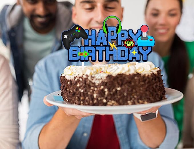 Video Game Birthday Cake Topper Glitter Blue Game Controller Happy Birthday Cake Topper - Game Cake Decorations Suit for Gamer Kids Boys Favors Game Cake Picks Birthday Party Supplies.