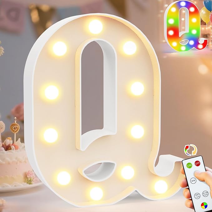 Pooqla LED Light Up Letters, Warm White and Colorful Lighted Marquee Letters with Remote, Lighted Letter for Party Birthday Decorations, Gift for Girls Boys Night Light, Wedding Home Decor, Letter Q