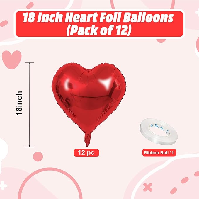 Red Heart Balloons, 18 Inch Red Heart Foil Shape Balloon, 12PCS Large Love Foil Helium Romantic Balloons for Birthday Baby Shower Marriage Wedding Bridal Engagement Anniversary Valentines Decoration