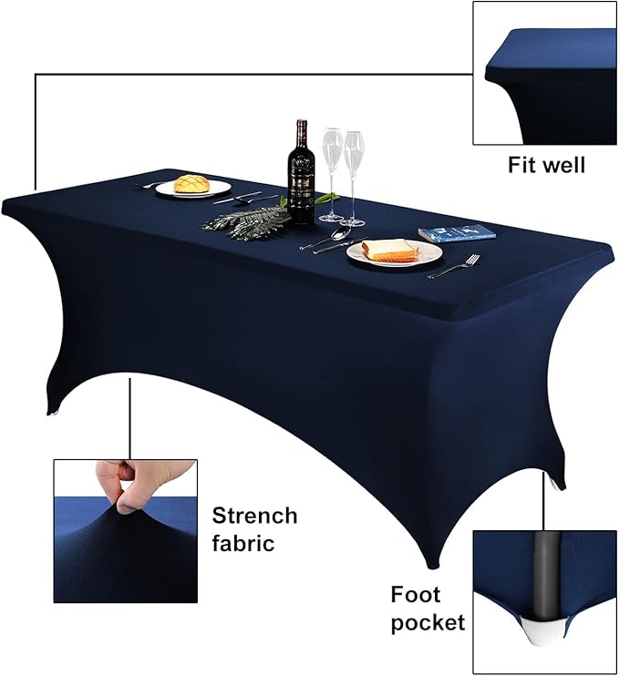 FORLIFE 4Pack Spandex Table Covers, Fitted Tablecloth, 8ft Stretch Patio Universal Spandex Table Cover for Wedding, Banquet, Party - Navy