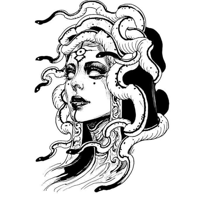 INKARTLINK Tattoo Tech, 2 Sheets Large Semi Permanent Tattoo, Adult Art Design Temporary Tattoos, Lasts 1-2 Weeks, Waterproof, Realistic Look, No Adhesive, No Reflection (Realistic Medusa Design)