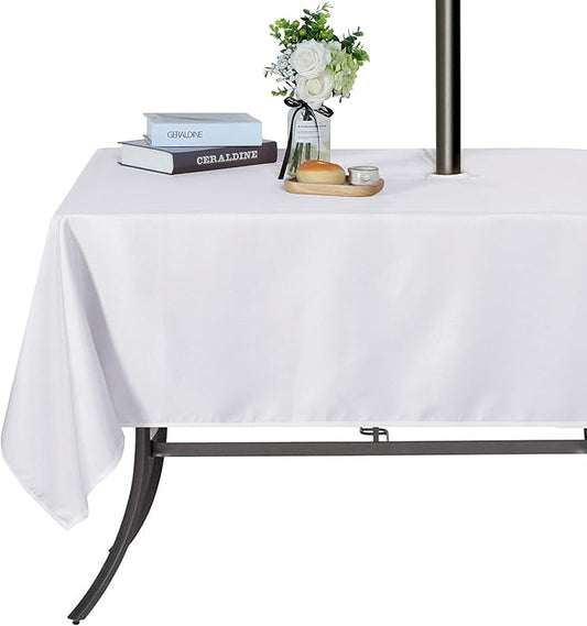 SARAFLORA Outdoor and Indoor Tablecloth -60x102 inch White Wrinkle Free Washable Waterproof Table Cloth with Umbrella Hole and Zipper Rectangle Table Cover for Spring/Summer/Patio/Picnic/BBQS/Party