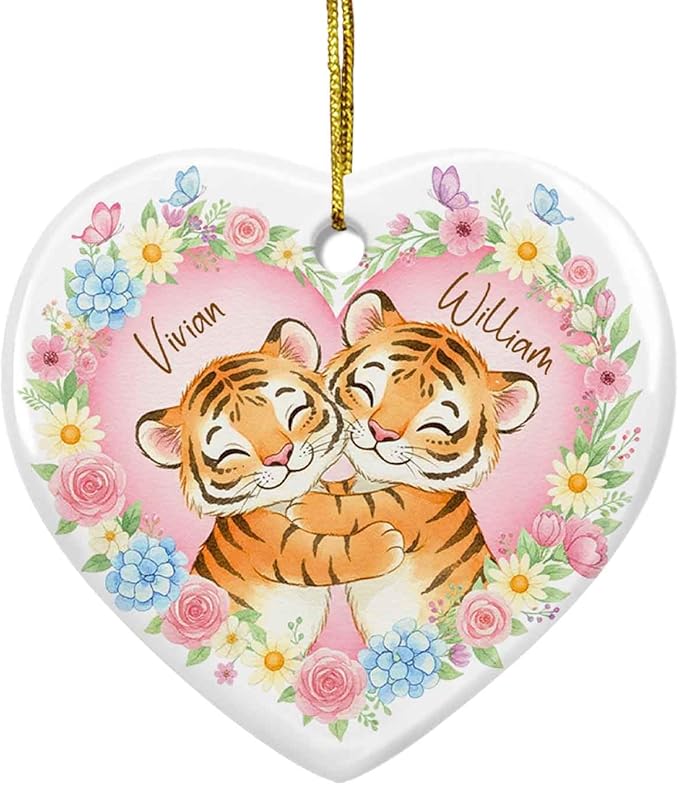 Mr & Mrs Tiger Ceramic Xmas Ornament, Custom Names Couples Tiger Engaged Christmas Ornament, Personalized Couples Animals Floral with Butterfly Ornaments, Keepsake Gift for Wedding Anniversary