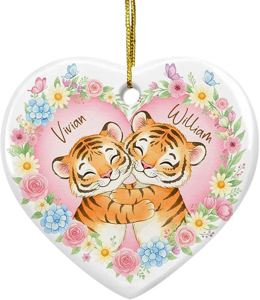 Mr & Mrs Tiger Ceramic Xmas Ornament, Custom Names Couples Tiger Engaged Christmas Ornament, Personalized Couples Animals Floral with Butterfly Ornaments, Keepsake Gift for Wedding Anniversary