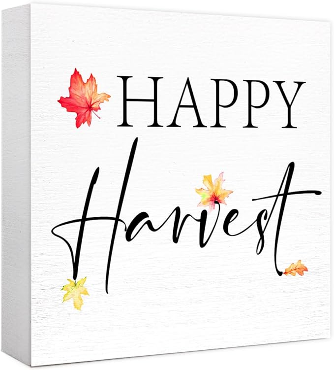 Funny Autumn Wood Box Sign Happy Harvest Wooden Block Desk Decor for Home Office Kitchen Cubicle Table Shelf Tabletop,Farmhouse Fall Sign Decor