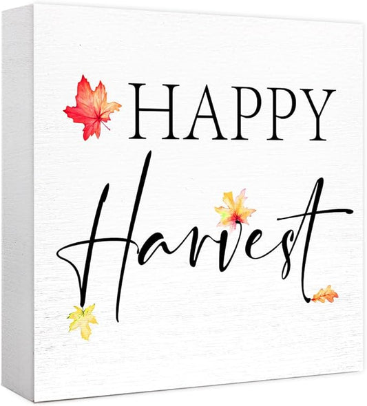 Funny Autumn Wood Box Sign Happy Harvest Wooden Block Desk Decor for Home Office Kitchen Cubicle Table Shelf Tabletop,Farmhouse Fall Sign Decor