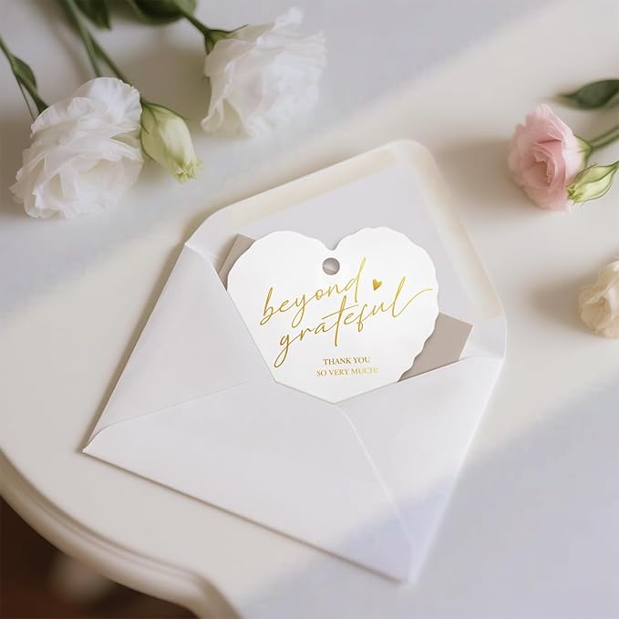 50pcs Gold Foil Thank You Tags with String, Pre-Punched Hole Gift Tags with String - Perfect for Weddings, Baby Showers, Parties, Celebrations - Beyond Grateful(2.36"*2.16")