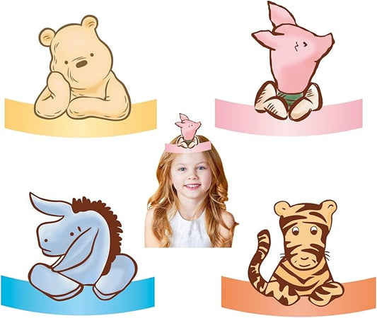 16PCS Winnie Party Hats For Kids Birthday Paper Crown Headband Cute Hats Bulk For Pooh Baby Shower Decorations Newborn Party Supplies Favors