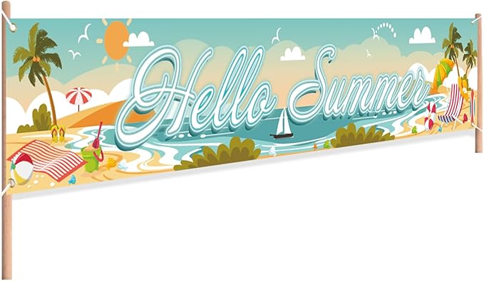 Hello Summer Beach Party Banner - Hawaiian Outdoor Party Decorations, Hanging Beach Party Supplies (Hello Summer)