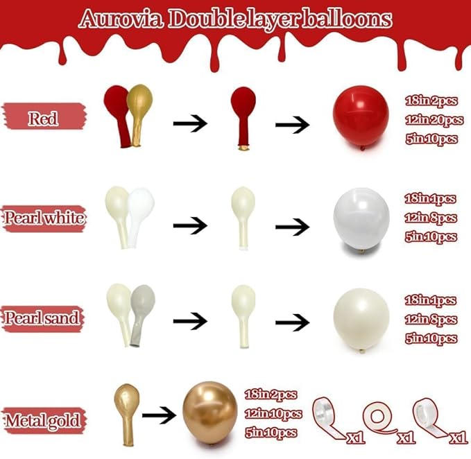 Red White Gold Balloon Garland Double Stuffed Burgundy Red White Sand Pearl Balloon Arch Kit Maroon Wine Balloons for Birthday Wedding Engagement Anniversary Christmas New Year Party Decorations