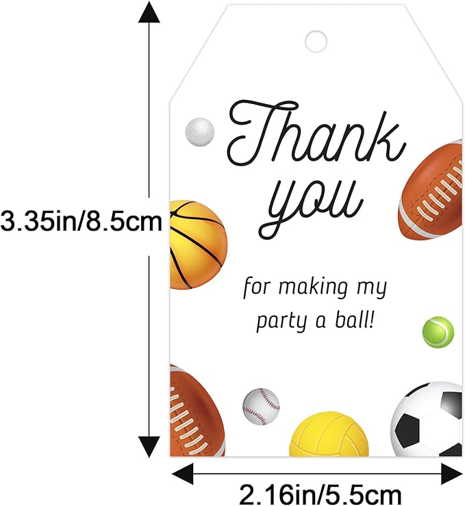 G2PLUS 50PCS Sports Thank You Tags, Thank You Gift Tags with String, Thank You for Making My Party A Ball Tag, Basketball Football Label Hangtags for Birthday, Baby Shower Party Favors
