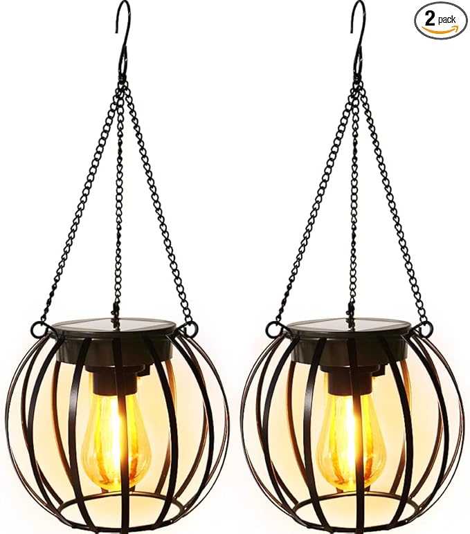 Bright Zeal 2-Pack 13" Black LED Solar Hanging Lanterns Garden - Auto On/Off Metal Lanterns for Trees with Iron Frame - Solar Lantern Hanging Garden Outdoor Lights Metal Waterproof LED