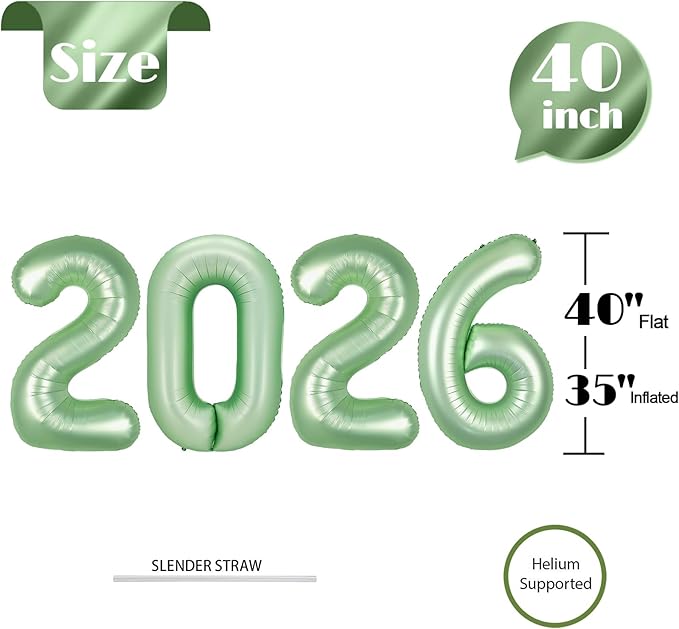 2026 Balloon Numbers - 40 Inch Sage Green New Years Eve Party Supplies 2026, Nye Decor Party Decorations Happy New Year, New Years Eve Foil Party Balloons