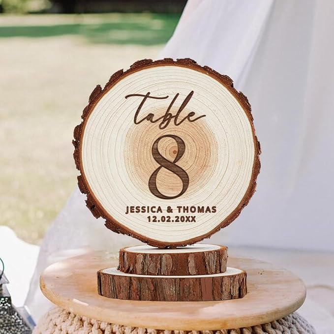 Rustic Wedding Decor - Table Number Personalized Laser Engraved Wood Slice - Wedding Cake Toppers - Custom Anniversary Keepsake and Cake Decor - Custom Plaqu Table of 1, 2, 3, 4, 5, 6, 7, 8