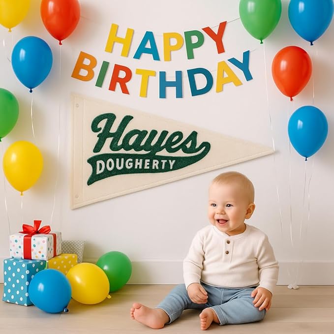 Custom Name Hand Embroidered Pennant, Personalized Baby Name Hand-Stitched Banner Flag for Nursery, Customized Embroidered Triangle Canvas Flag for Baby Shower Birthday Party Wall Decor