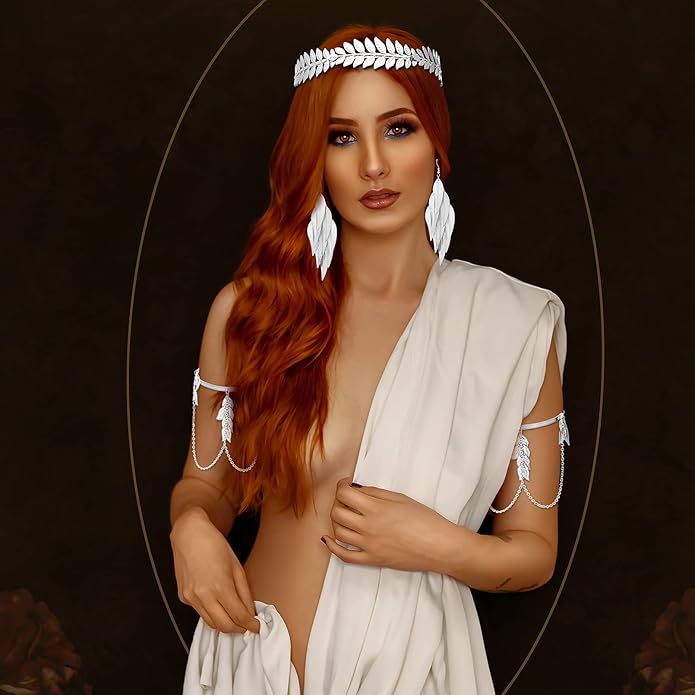 RechicGu 4 Pieces Grecian Goddess Leaf Laurel Costume Accessories Set Roman Toga Party Headband Upper Arm cuff Bracelet Band Earrings Jewelry Women Golden