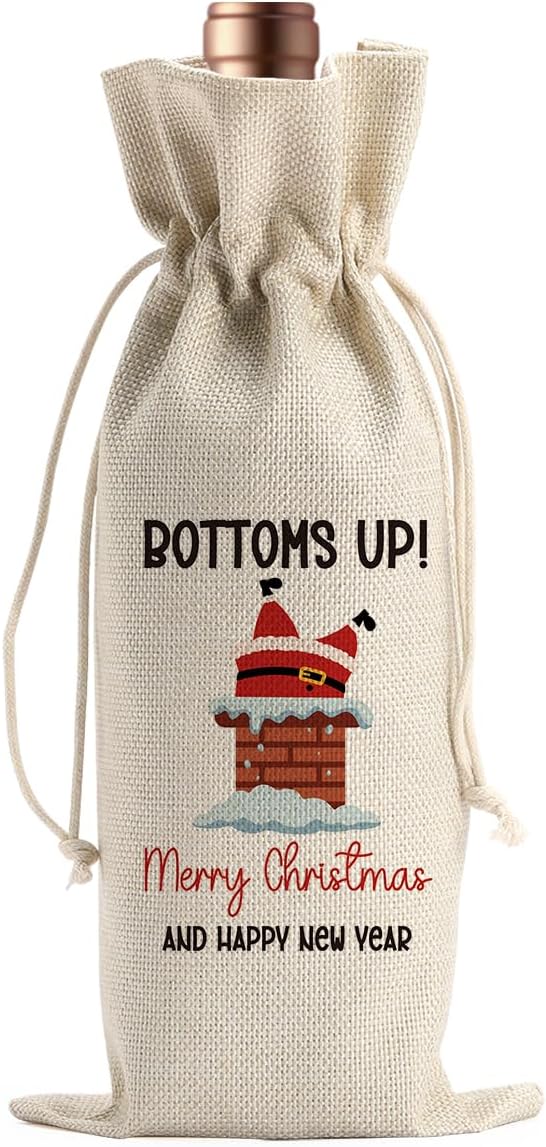 Funny Christmas Wine Bags for Wine Bottles Gifts Christmas Wine Bottle Cover Drawstring Gift Bags Bottoms Up Burlap Wine Bag for Xmas Birthday Holiday Wedding Housewarming Party Decorations