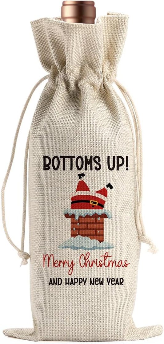 Funny Christmas Wine Bags for Wine Bottles Gifts Christmas Wine Bottle Cover Drawstring Gift Bags Bottoms Up Burlap Wine Bag for Xmas Birthday Holiday Wedding Housewarming Party Decorations