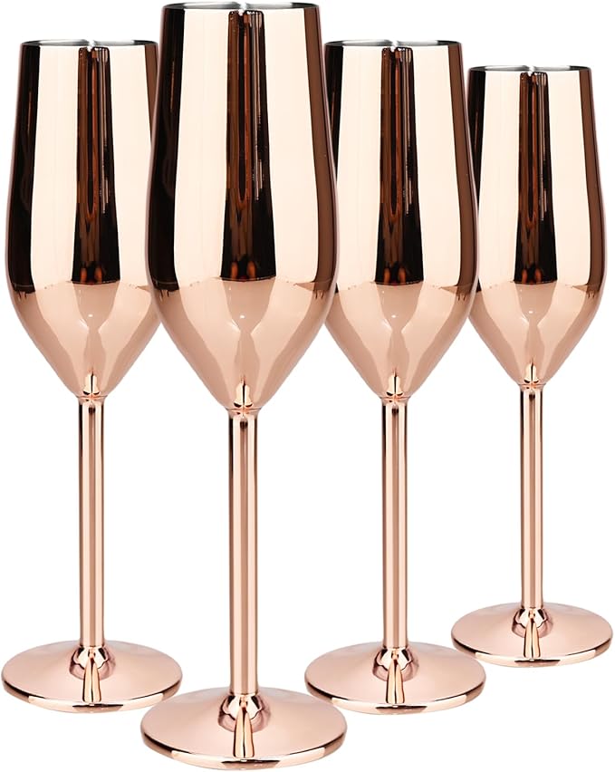 TJ Unbreakable 8 Oz Stainless Steel Champagne Flutes (4 Pack)- Rose Champagne Glasses - Reusable Indoor Outdoor Drinkware - Keeps Drink Cool for Longer - Gift Idea