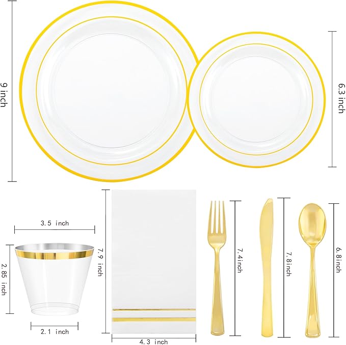 GATHER 350PCS Clear Gold Plastic Plates - Disposable Gold Dinnerware Sets Includes 100 Gold Rim Plastic Plates, 150 Silverware, 50 Napkins, 50 Cups for Party, Wedding & Birthday & Thanksgiving