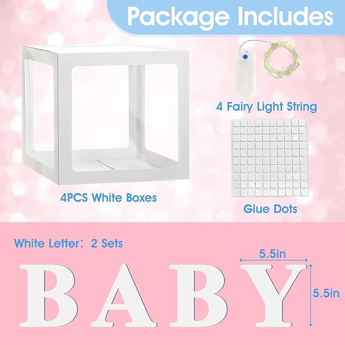 Ledido Baby Boxes with Letters for Baby Shower Decorations, 4 pcs Clear Baby Balloon Boxes Blocks Decor with LED Fairy String Lights for Boy Girl Gender Reveal Decorations Backdrop Party (White)