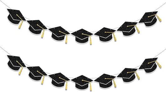 Graduation Decorations Class of 2025 Party Supplies - Graduation Grad Caps Banner (Pre-Strung)