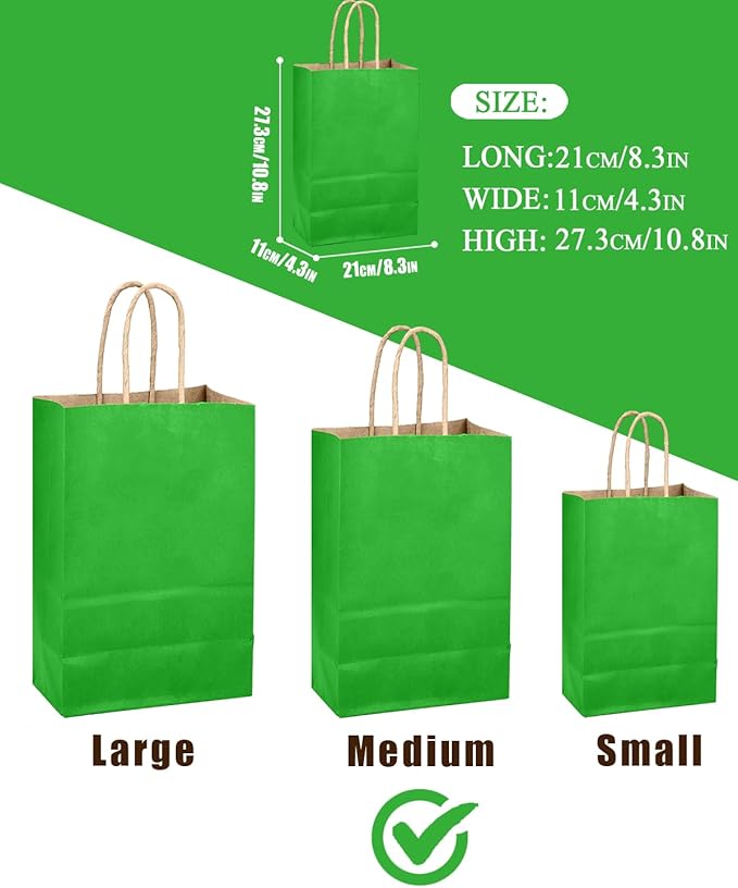 qiqee Bamboo Green Gift Bag with Handles Bulk 24Pcs Paper Bags -10.6"x8.3"x4.3"Party Favor Bags - Solid Color
