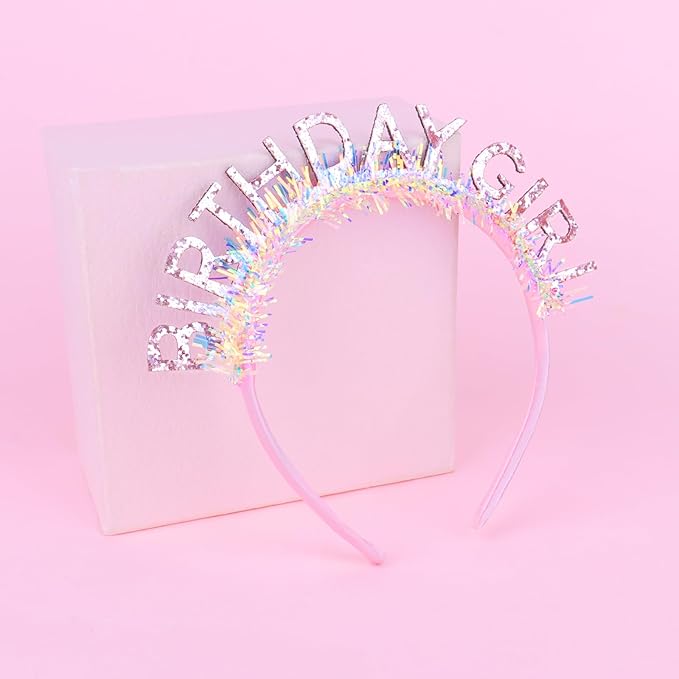 Jaciya Birthday Girl Glitter Headband for Women Girls Sparkling Pink Party Hair Accessories with Confetti Tinsel