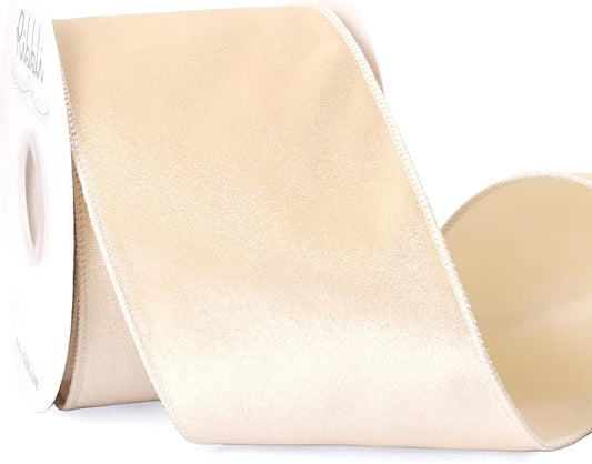 Ribbli Ivory Velvet Wired Ribbon 4 Inch Velvet with Satin Christmas Ribbon for Gift Wrapping Christmas Tree Decoration Crafts Wreaths Supplies-Continuous 10 Yards