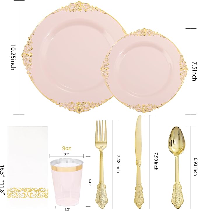 Morejoy 175pcs Pink Plastic Plates - Pink and Gold Disposable Plates, 10.25 inch Plastic Dinner Plates, Perfect for Wedding & Party & Holiday