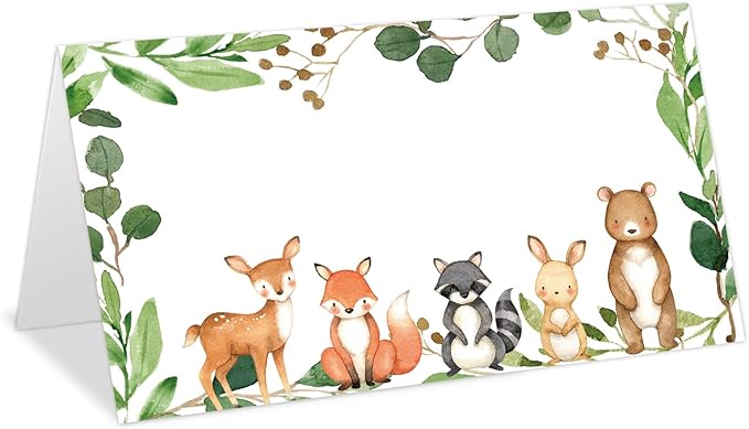 Whaline 100Pcs Woodland Animal Place Cards 2 x 3.5 Inch Forest Animal Tented Cards Baby Shower Seating Cards for Birthday Party Table Setting
