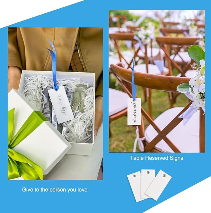 25 Pcs Name Place Cards Blank Seat Card, 2 x 4 in Table Cards with Stain Ribbon, Wedding Place Card, Hanging Tags for Wedding table Setting Reserved Chairs Signs Dinner Banquet Parties.(Blue)