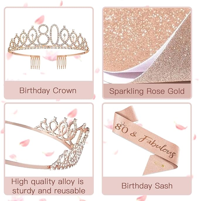 80th Birthday Decorations for Women, Happy 80th Birthday Banner Cake Topper Balloons Sash and Crown, Rose Gold 80t'h Party Decorations for Girls