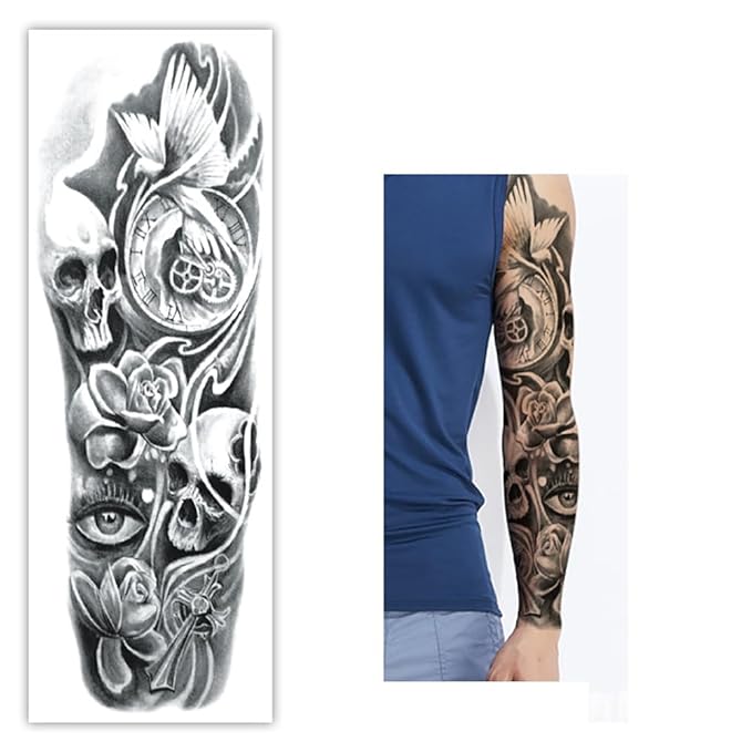 Skull Sleeve Tattoos Fake Totem Full Arm Tattoos Halloween Full Sleeve Tattoo Stickers for Women Men, 10-Sheet
