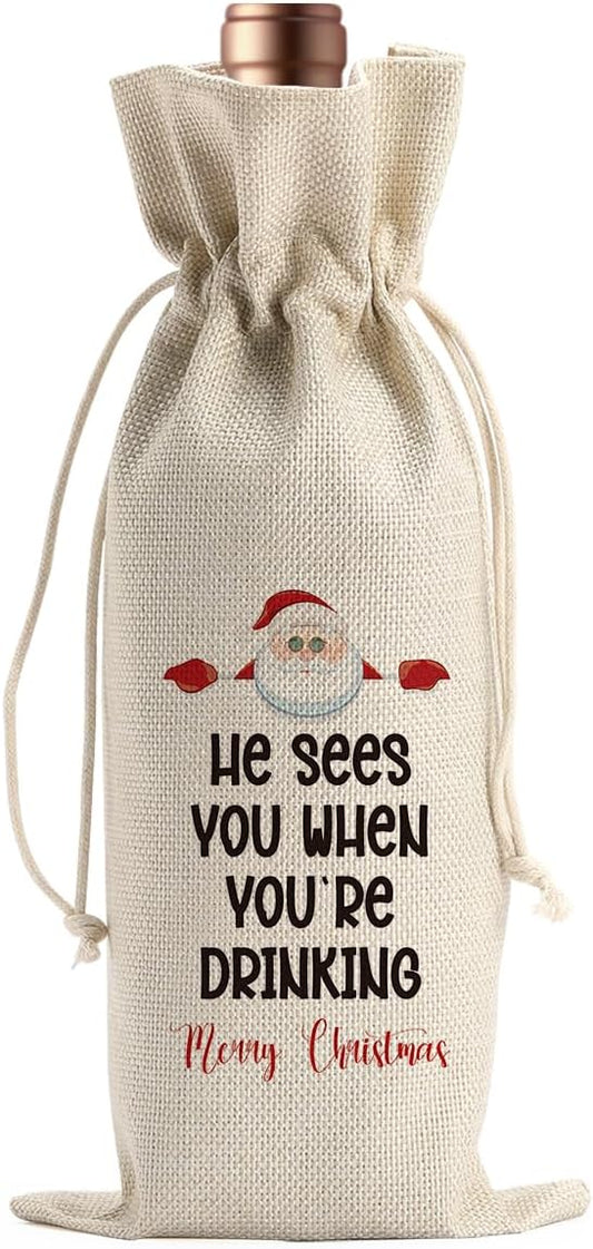 Funny Christmas Wine Bags for Wine Bottles Gifts Christmas Wine Bottle Cover Drawstring Gift Bags He Sees You when You're Drinking Burlap Wine Bag for Xmas Holiday Housewarming Party Decorations