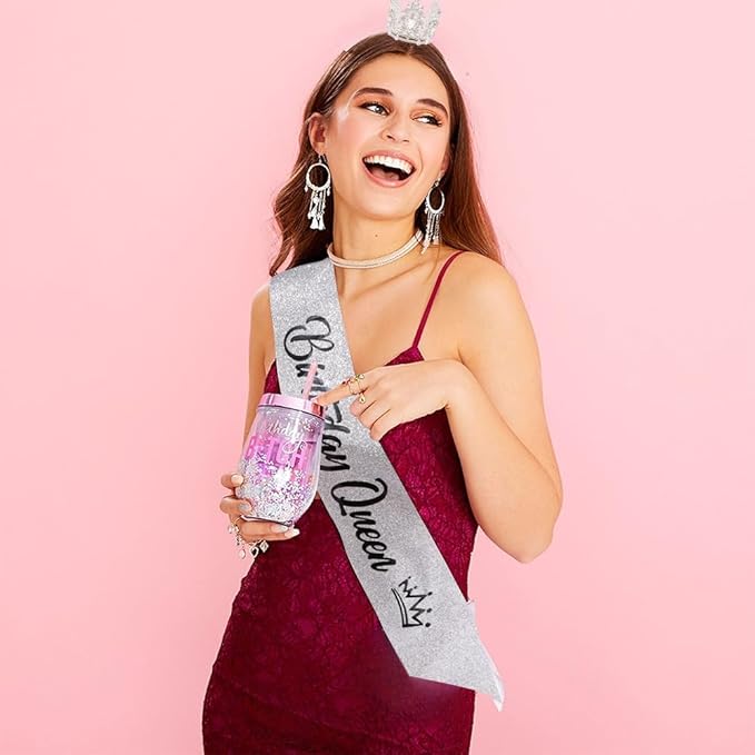 Birthday Queen Sash for Women Tiara & Crowns Headbands for Girls Happy Birthday Party Accessories Favor Supllies Leona Black Silver Pink, 2 Pack