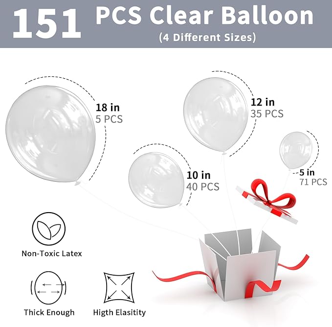 Labeol Clear Balloons Different Sizes 151PCS 18/12/10/5 Inch Clear Balloon Garland Arch Kit Quality Transparent Latex Balloons Decorations for Party Birthday Graduation Wedding