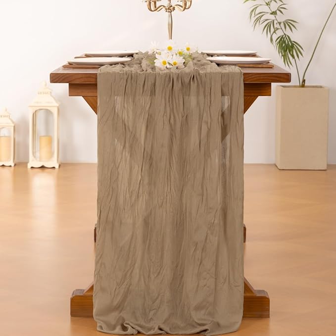 Socomi 10pcs Nude Brown Cheesecloth Table Runner Boho Rustic Gauze 120 inch 10FT Cheese Cloth Runner for Wedding Party Baby Shower Birthday Home Decor Holiday Decorations