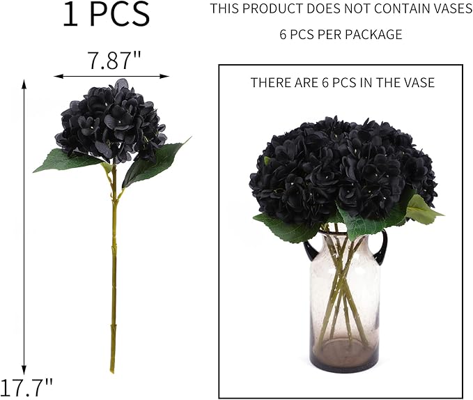 Kimura's Cabin 6Pcs Black Artificial Hydrangea Flowers Fake Hydrangeas Flowers Long Stems Faux silk Flower for Halloween table center decoration farmhouse wedding party dark bouquet arrangement(Black)