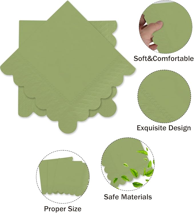 qiqee Matcha Green Cocktail Dinner Napkins 5x5inch Disposable Beverage,Wedding, Birthday Party Dessert Wave Paper Napkins(120 Count)