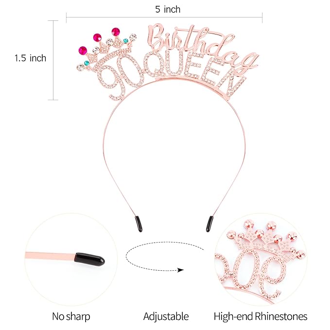 VELSCRUN 90th Birthday Queen Headband, Tiara Crown for Women, 90th Birthday Decorations for Her, Birth Queen Tiaras Crowns Sash for Women Mom Birth Party Decoration Hair Accessories Rose Gold