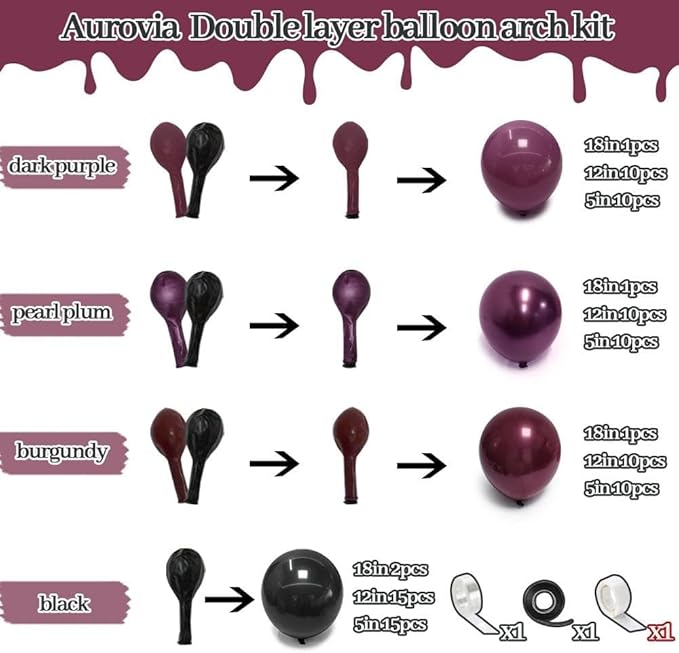 Dark Purple Black Balloons Garland Double Stuffed Black Burgundy Plum Balloon Arch Kit for Birthday Spooky Halloween Wednesday Vampire Gothic Dark Party Decorations