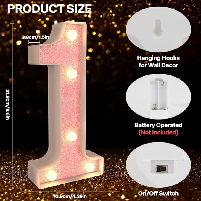 Marquee Light up Numbers 0-9, Battery Powered LED Light, Pink Glitter Plastic for 10th Birthday Decorations, Graduation Engagement Wedding Decor (Number 10)