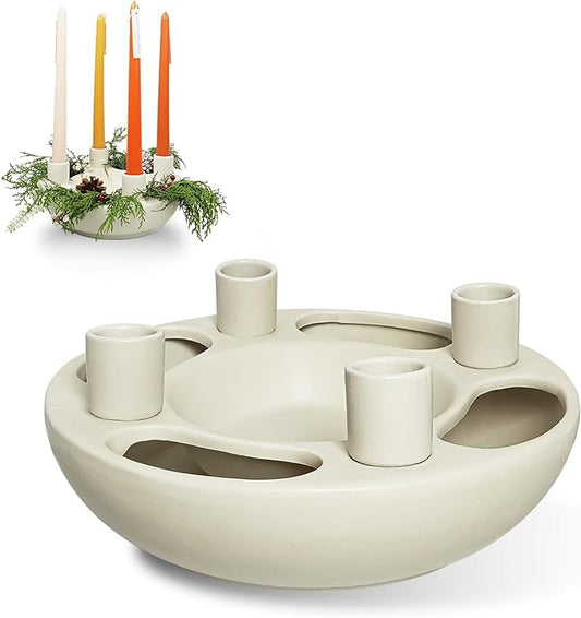 Ceramic Advent Wreath Candle Holder - 4 Taper Candlestick Seats, Ivory Modern Candle Stand for Christmas Holiday Home Party Kitchen Table Decor (Without Candles)