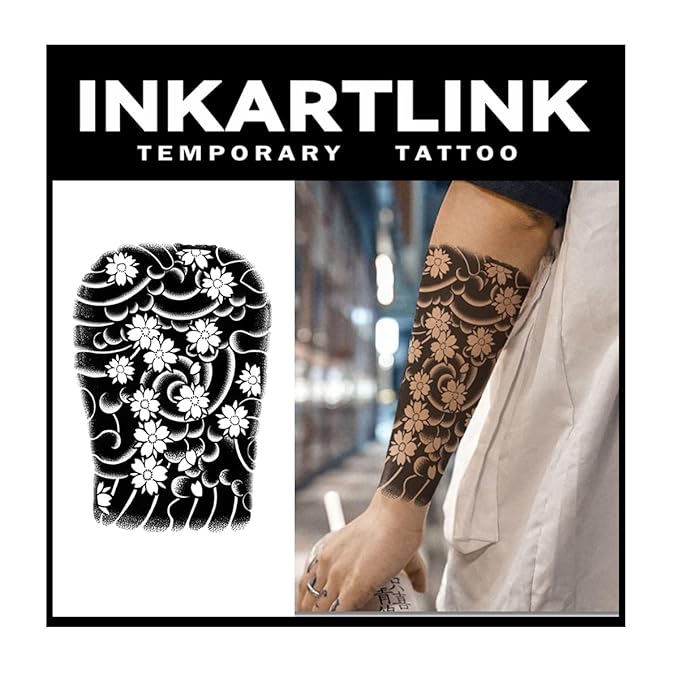 INKARTLINK Tattoo Tech,2 Sheets Extra-Large Semi Permanent Tattoo,Adult Art Design Temporary Tattoos, Lasts 1-2 Weeks, Waterproof, Realistic Look(Japanese Sakura Flower Arm Design)