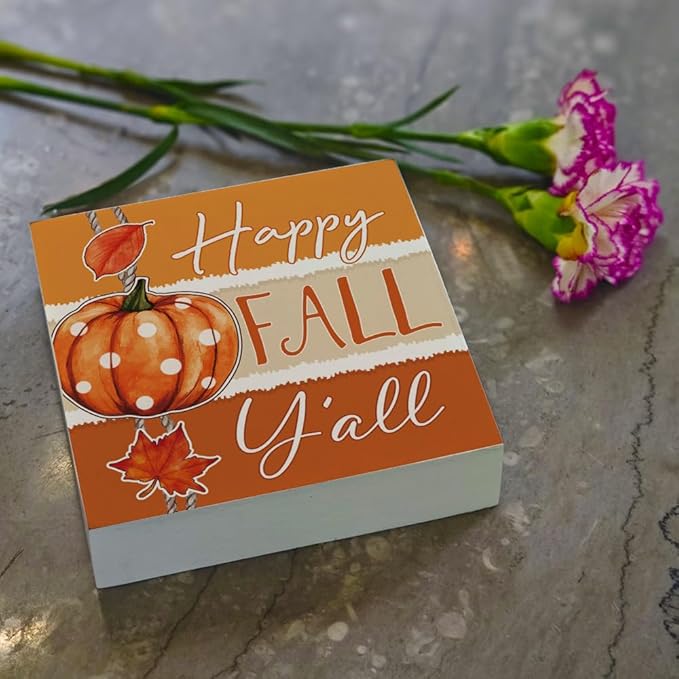 Fall Theme Sign Retro Farmhouse Fall Artwork Decor Autumn Harvest Thanksgiving Wooden Sign, Rustic Wood Maples Decorations for Indoor Outdoor Home Office Supplies (Happy Fall Y'all)