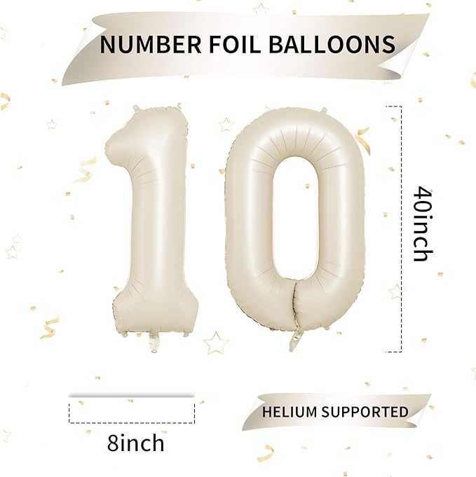 40 Inch Cream Number 10 Balloon, Beige Large 10th Birthday Balloons, Digital 10 Cream White Giant 10 Foil Balloon for Boys Girls 10th Birthday Decorations Anniversary Baby Shower Party Decoration