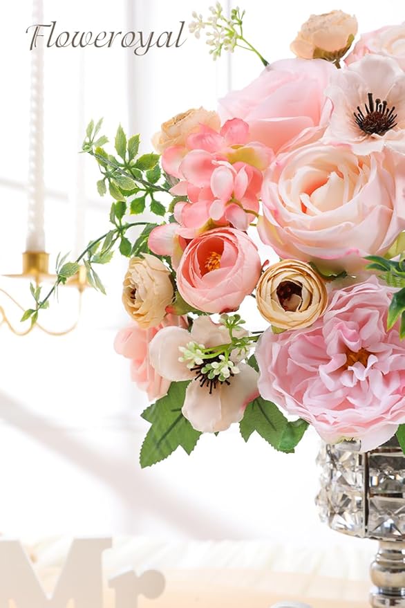 Floweroyal Artificial Flowers Combo Pink Flowers Mix Silk Flowers Roses Peonies with Stems for DIY Wedding Bridal Bouquets, Baby Shower, Floral Arrangement, Table Centerpieces, Home Decorations.