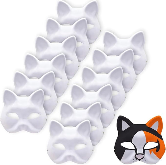 12 Pack White Fox Masks – DIY Blank Animal Face Mask with Elastic Strap for Halloween, Masquerade, Cosplay, School Drama, Painting Craft and Party Decorations